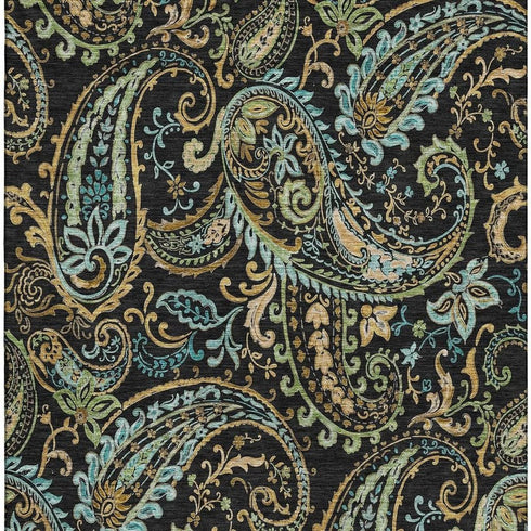 9' X 12' Black Blue And Green Paisley Washable Area Rug With UV Protection