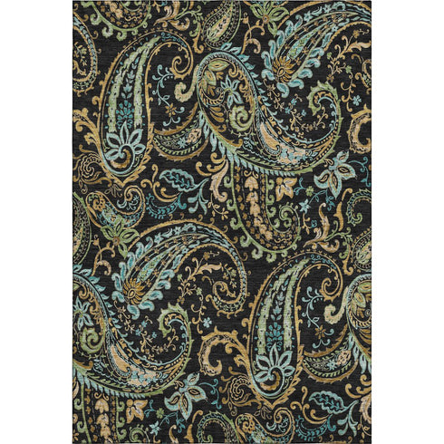 9' X 12' Black Blue And Green Paisley Washable Area Rug With UV Protection