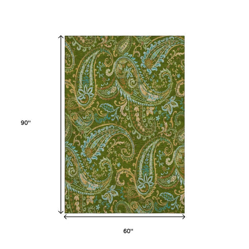 9' X 12' Green And Blue Paisley Distressed Washable Area Rug With UV Protection
