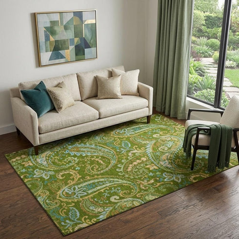 9' X 12' Green And Blue Paisley Distressed Washable Area Rug With UV Protection