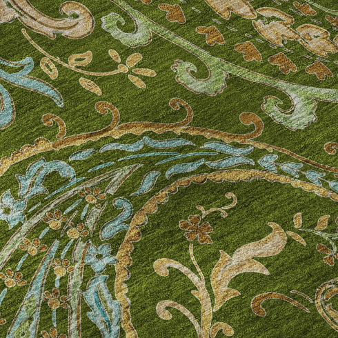9' X 12' Green And Blue Paisley Distressed Washable Area Rug With UV Protection