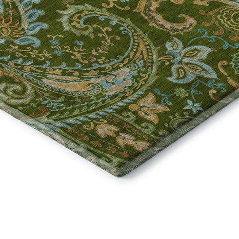 9' X 12' Green And Blue Paisley Distressed Washable Area Rug With UV Protection