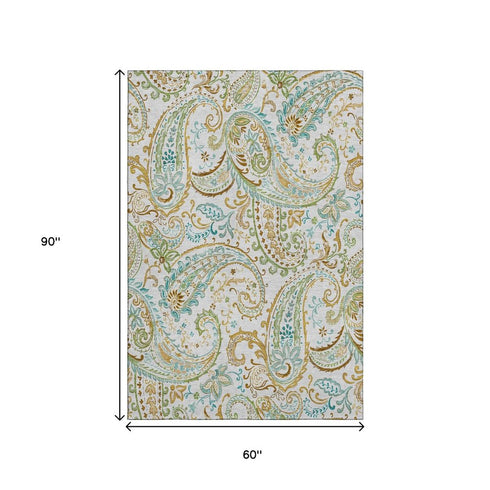 9' X 12' Ivory Blue And Green Paisley Distressed Washable Area Rug With UV Protection