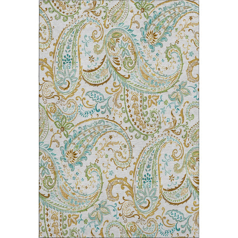 9' X 12' Ivory Blue And Green Paisley Distressed Washable Area Rug With UV Protection