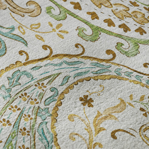 9' X 12' Ivory Blue And Green Paisley Distressed Washable Area Rug With UV Protection