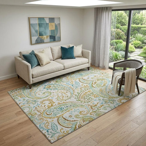 9' X 12' Ivory Blue And Green Paisley Distressed Washable Area Rug With UV Protection