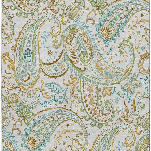 9' X 12' Ivory Blue And Green Paisley Distressed Washable Area Rug With UV Protection