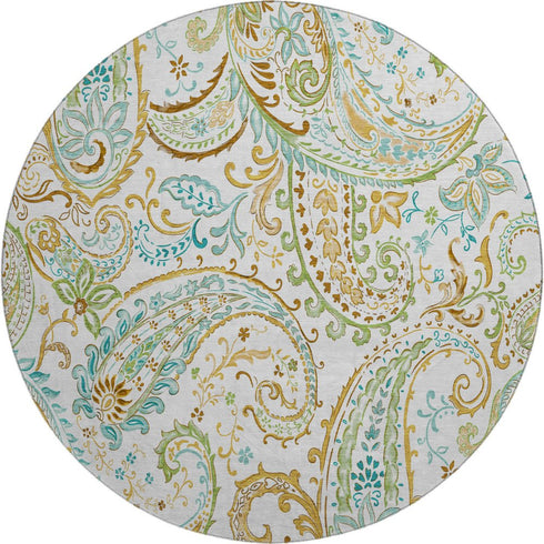 9' X 12' Ivory Blue And Green Paisley Distressed Washable Area Rug With UV Protection