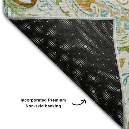 9' X 12' Ivory Blue And Green Paisley Distressed Washable Area Rug With UV Protection