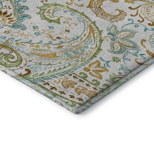 9' X 12' Ivory Blue And Green Paisley Distressed Washable Area Rug With UV Protection