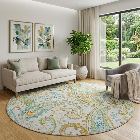 9' X 12' Ivory Blue And Green Paisley Distressed Washable Area Rug With UV Protection