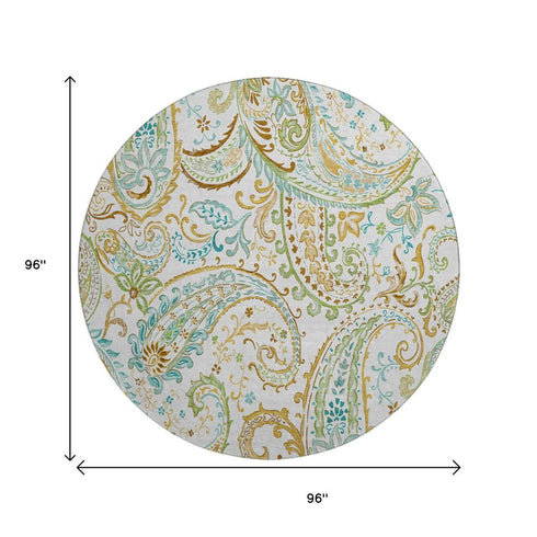 9' X 12' Ivory Blue And Green Paisley Distressed Washable Area Rug With UV Protection