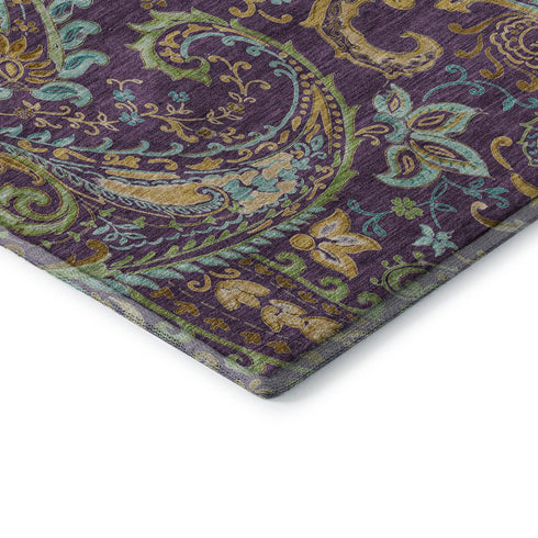 9' X 12' Purple Green And Blue Paisley Washable Area Rug With UV Protection