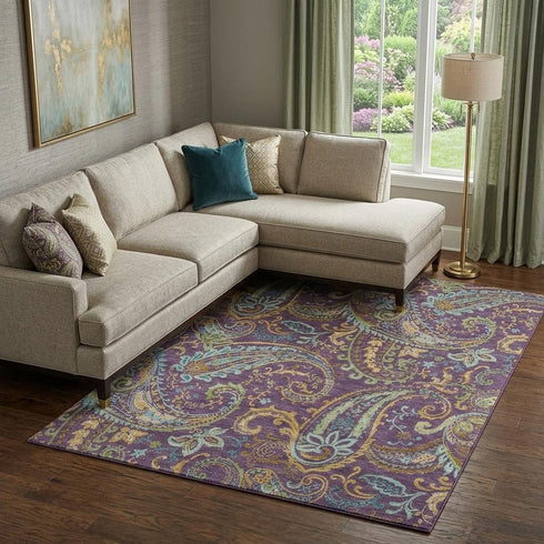 9' X 12' Purple Green And Blue Paisley Washable Area Rug With UV Protection