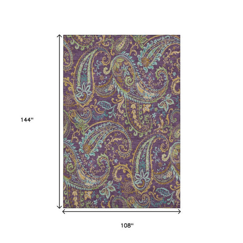 9' X 12' Purple Green And Blue Paisley Washable Area Rug With UV Protection