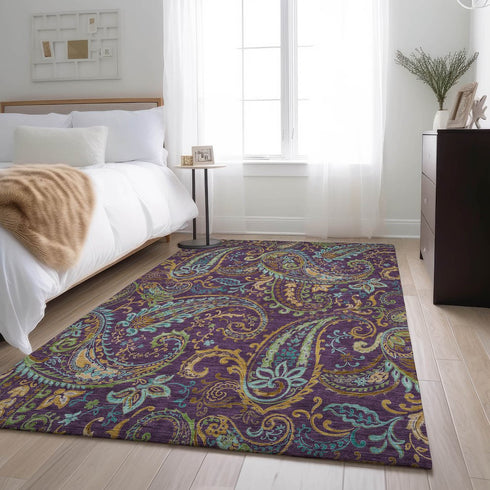 9' X 12' Purple Green And Blue Paisley Washable Area Rug With UV Protection