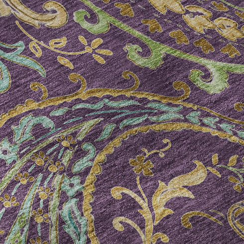 9' X 12' Purple Green And Blue Paisley Washable Area Rug With UV Protection