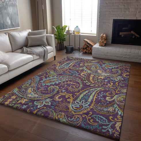 9' X 12' Purple Green And Blue Paisley Washable Area Rug With UV Protection
