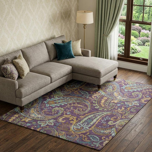 9' X 12' Purple Green And Blue Paisley Washable Area Rug With UV Protection