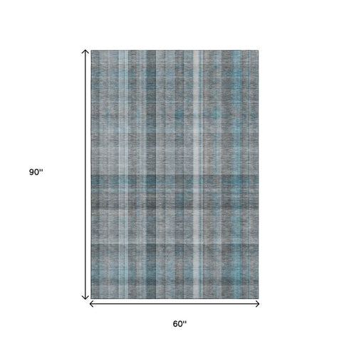 9' X 12' Teal And Ivory Plaid Washable Area Rug With UV Protection