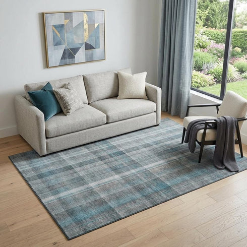 9' X 12' Teal And Ivory Plaid Washable Area Rug With UV Protection