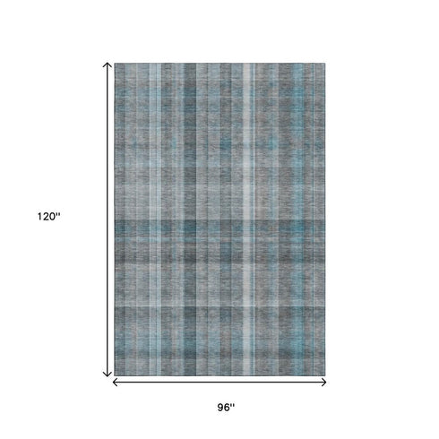 9' X 12' Teal And Ivory Plaid Washable Area Rug With UV Protection