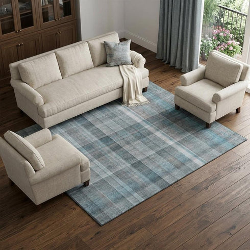 9' X 12' Teal And Ivory Plaid Washable Area Rug With UV Protection