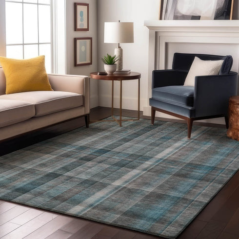9' X 12' Teal And Ivory Plaid Washable Area Rug With UV Protection