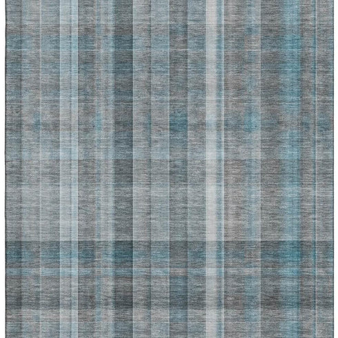 9' X 12' Teal And Ivory Plaid Washable Area Rug With UV Protection
