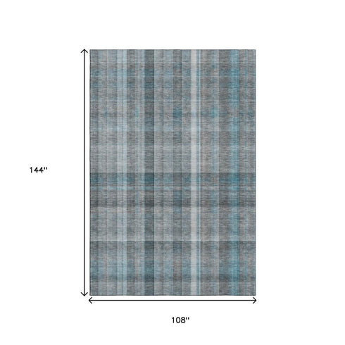 9' X 12' Teal And Ivory Plaid Washable Area Rug With UV Protection