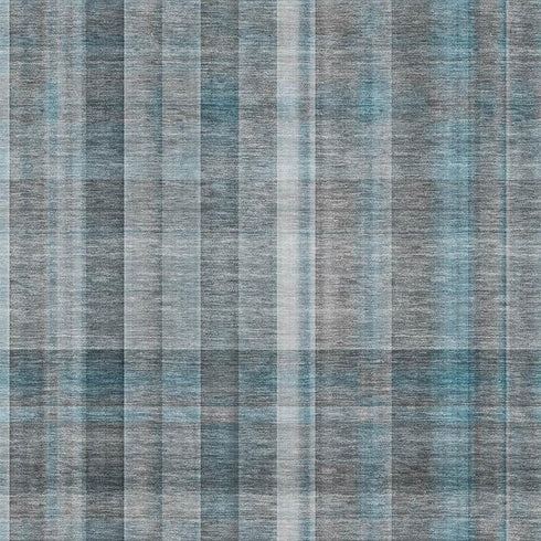 9' X 12' Teal And Ivory Plaid Washable Area Rug With UV Protection