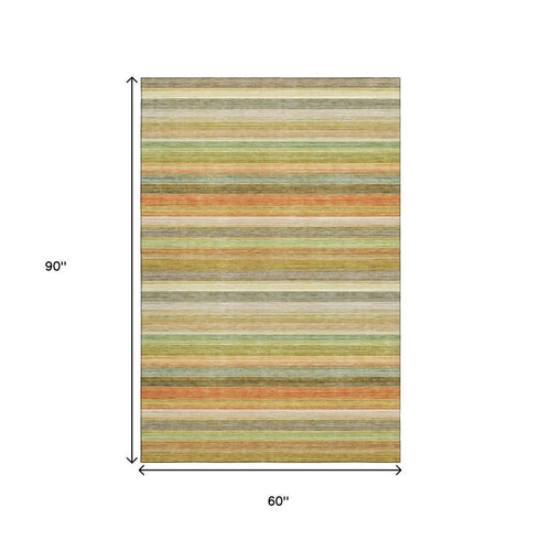 5' X 8' Fern Green Orange And Beige Striped Washable Area Rug With UV Protection