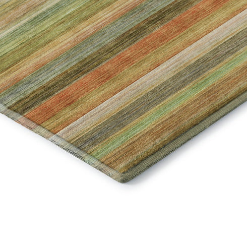 5' X 8' Fern Green Orange And Beige Striped Washable Area Rug With UV Protection