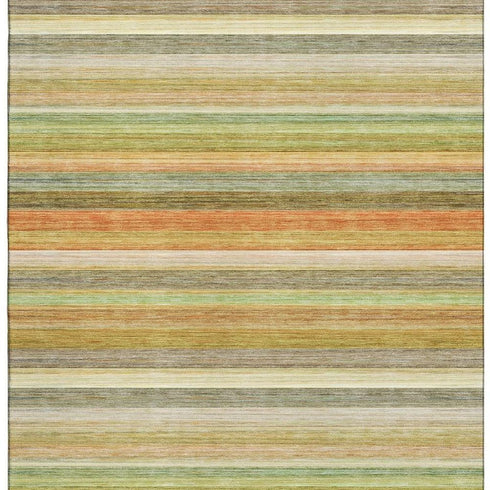 5' X 8' Fern Green Orange And Beige Striped Washable Area Rug With UV Protection