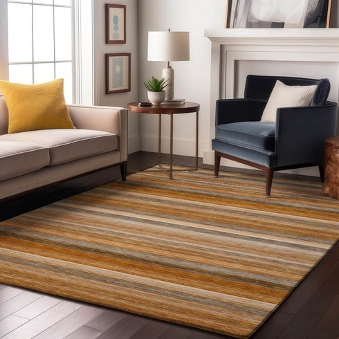 8' X 10' Rust Gray And Ivory Striped Washable Area Rug With UV Protection