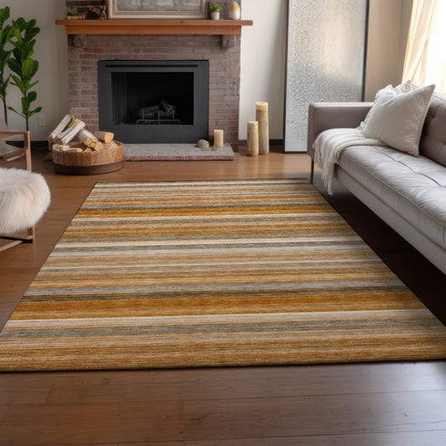 8' X 10' Rust Gray And Ivory Striped Washable Area Rug With UV Protection