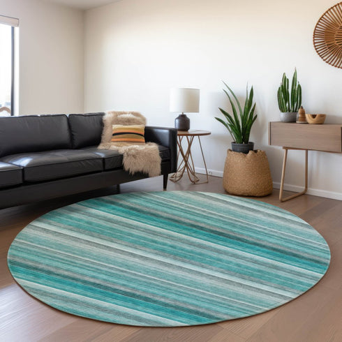 8' Teal Gray And Ivory Striped Washable Round Rug With UV Protection