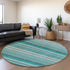 8' Teal Gray And Ivory Striped Washable Round Rug With UV Protection