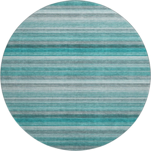 8' Teal Gray And Ivory Striped Washable Round Rug With UV Protection