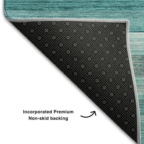 8' Teal Gray And Ivory Striped Washable Round Rug With UV Protection