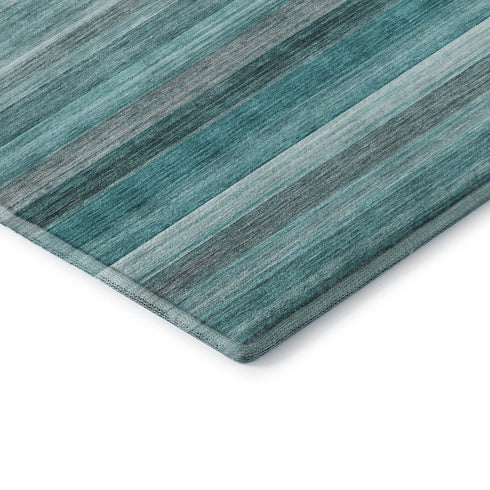 8' Teal Gray And Ivory Striped Washable Round Rug With UV Protection