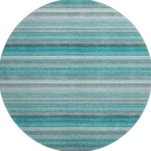 8' Teal Gray And Ivory Striped Washable Round Rug With UV Protection