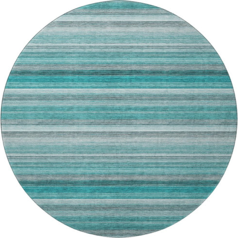 8' Teal Gray And Ivory Striped Washable Round Rug With UV Protection