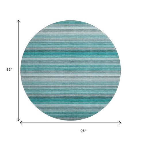 8' Teal Gray And Ivory Striped Washable Round Rug With UV Protection