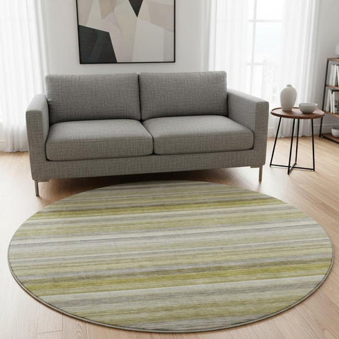 8' Wheat Gray And Ivory Striped Washable Round Rug With UV Protection