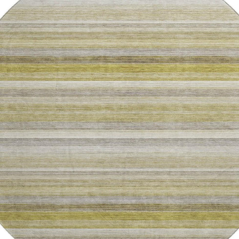 8' Wheat Gray And Ivory Striped Washable Round Rug With UV Protection