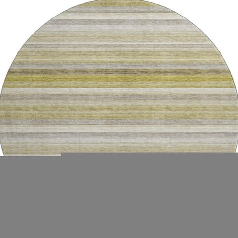 8' Wheat Gray And Ivory Striped Washable Round Rug With UV Protection