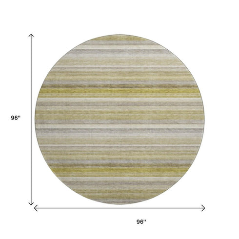 8' Wheat Gray And Ivory Striped Washable Round Rug With UV Protection