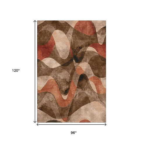 8' X 10' Chocolate Beige And Copper Abstract Washable Area Rug With UV Protection