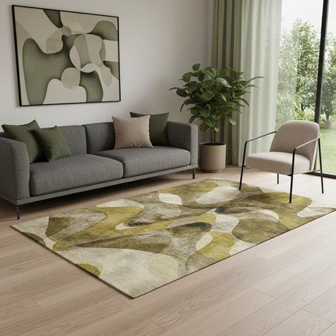 5' X 8' Coffee Gold And Ivory Abstract Washable Area Rug With UV Protection
